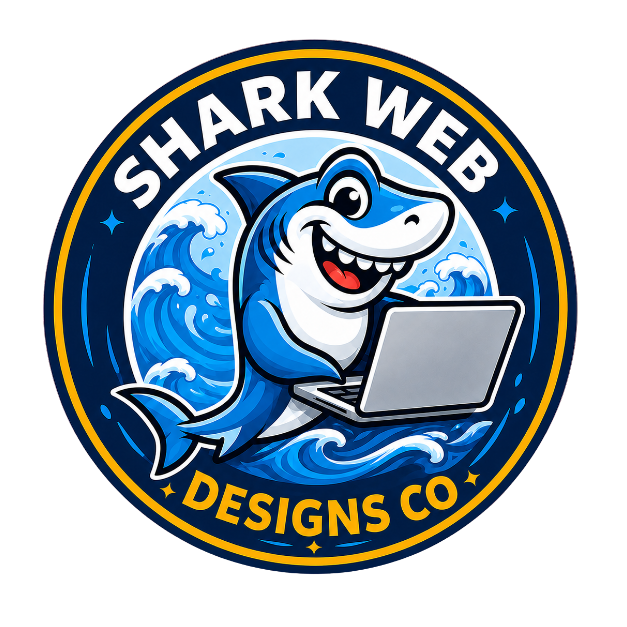 Shark Web Designs Co logo: a cartoon shark working on a laptop inside a navy and gold badge