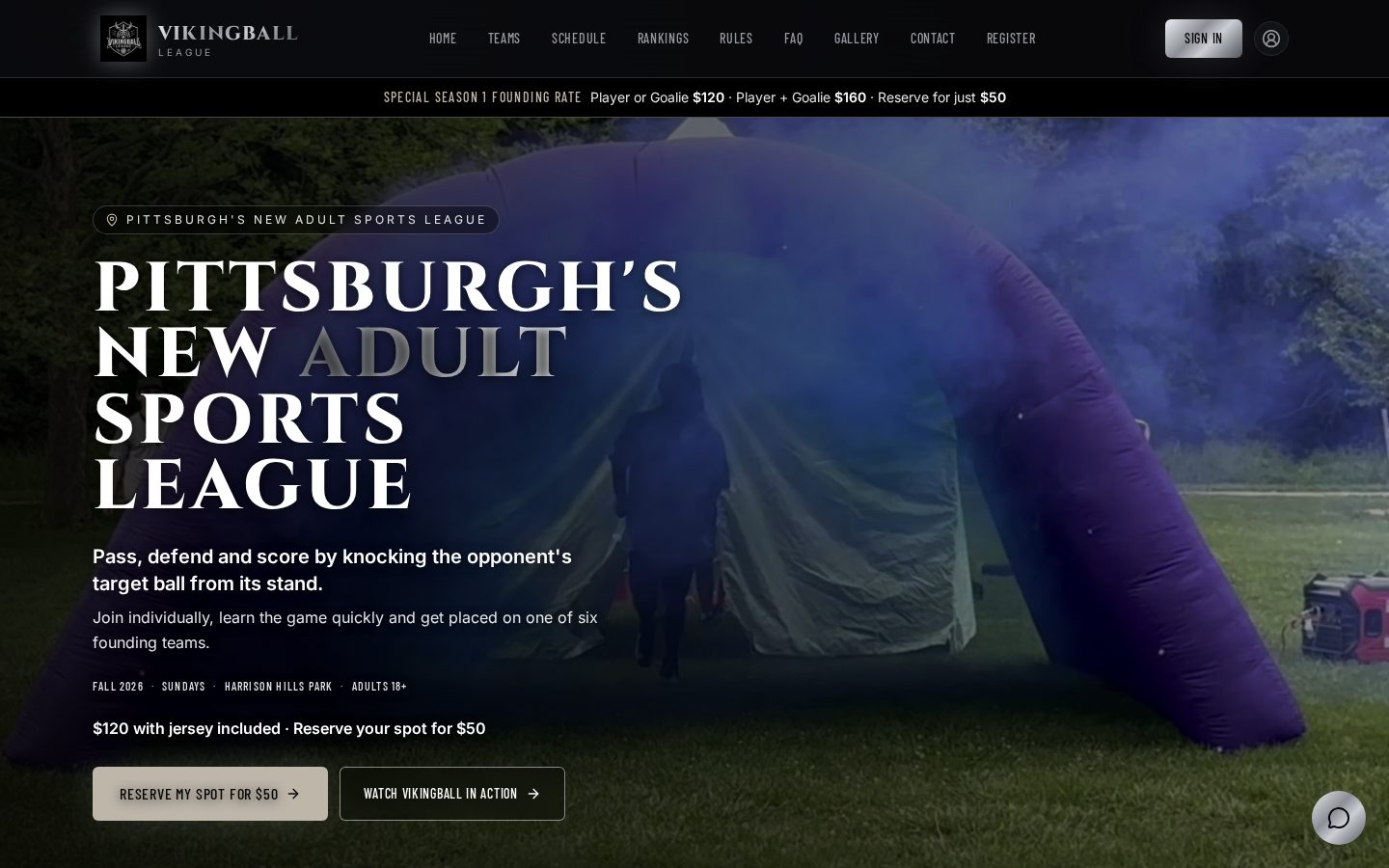 Vikingball League website homepage shown in a desktop browser